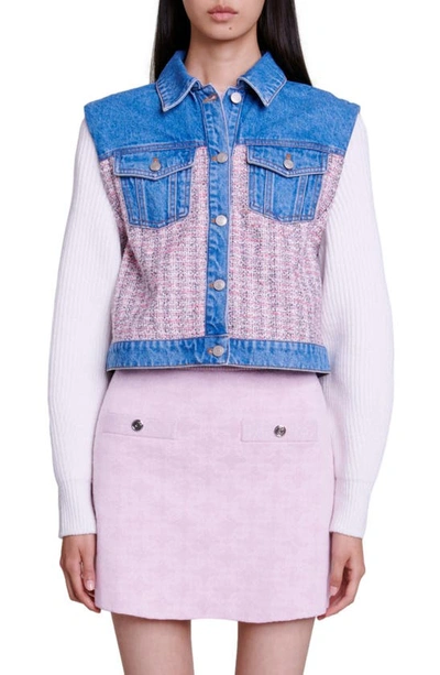 Maje Womens Roses Batri Contrast-sleeve Tweed Cotton-blend Jacket In Pink Ecru