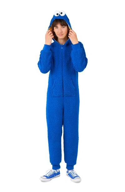 Opposuits Kids' Big Boys Cookie Monster Zip Up Onesie Outfit In Blue