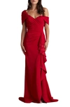 Tadashi Shoji Off-shoulder Pleated Ruffle Gown In Scarlet