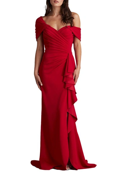 Tadashi Shoji Off-shoulder Pleated Ruffle Gown In Scarlet