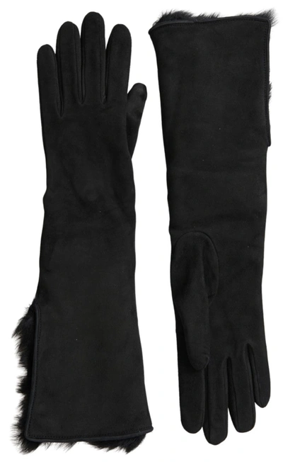 Dolce & Gabbana Black Leather Fur Elbow Length Gloves