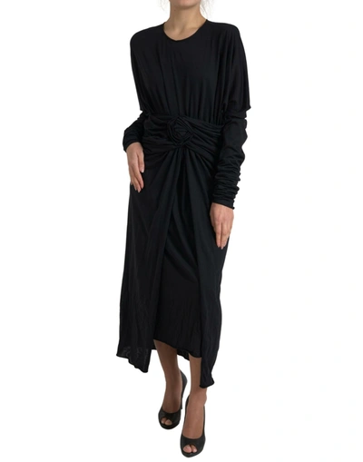 Dolce & Gabbana Black Wool Wrap Sheath Midi Gown Dress