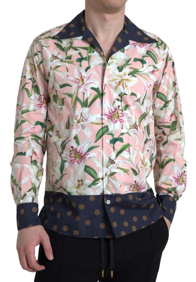 Dolce & Gabbana Cotton Polka Dot Lily Print Collared Shirt In Pink