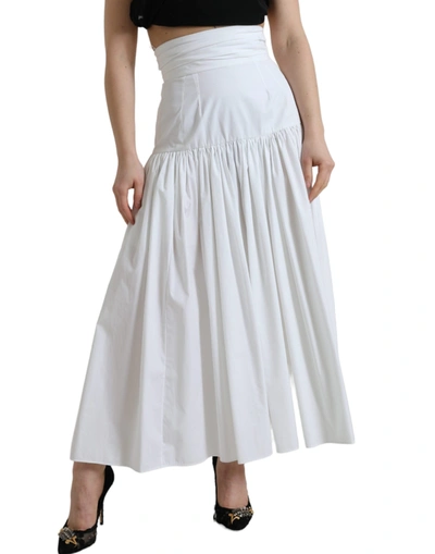 Dolce & Gabbana White Cotton Pleated A-line High Waist Skirt