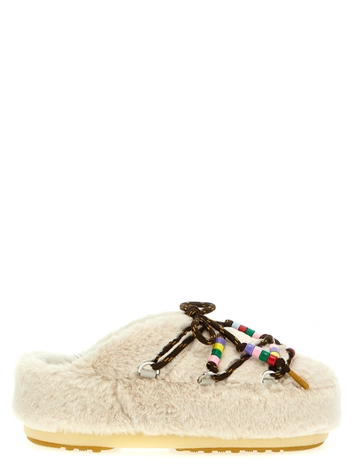 Moon Boot Faux-fur Beads Flat Shoes White