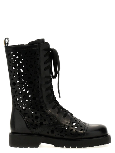Twinset Openwork Leather Combat Boots In Black