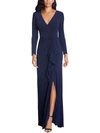 Betsy & Adam Cascade Ruffle Long Sleeve Stretch Jersey Gown In Blue