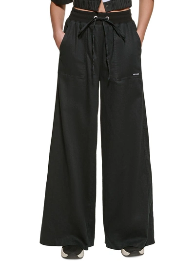 Dkny Jeans Womens Logo Knit Wide Leg Pants In Black