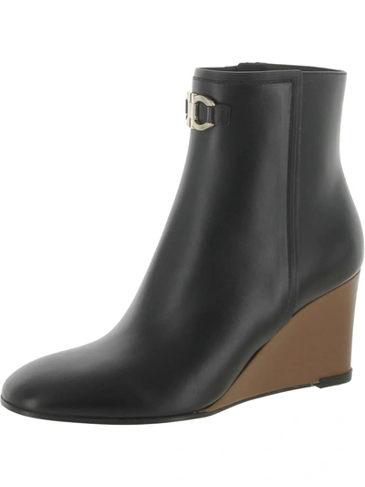 Ferragamo Catuja Womens Leather Embellished Wedge Boots In Black