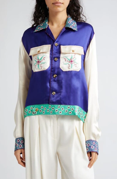 Bode Daisy Never Tell Silk Satin Jacket In Petrol Multi