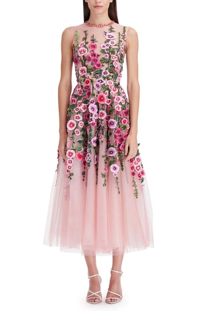Oscar De La Renta Floral-embroidered Tulle Dress In Dk Rose W/ Mlti