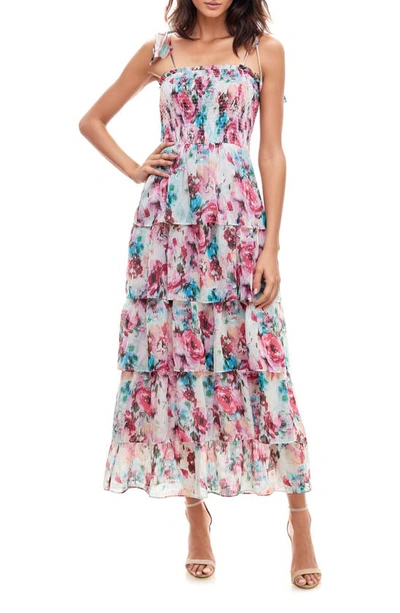 Socialite Floral Smocked Tie Strap Maxi Cocktail Dress In Cream Floral Print