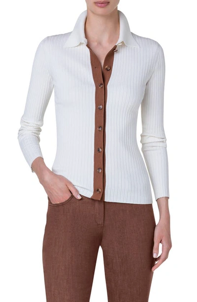 AKRIS CONTRAST PLACKET COTTON & SILK BLEND RIB CARDIGAN