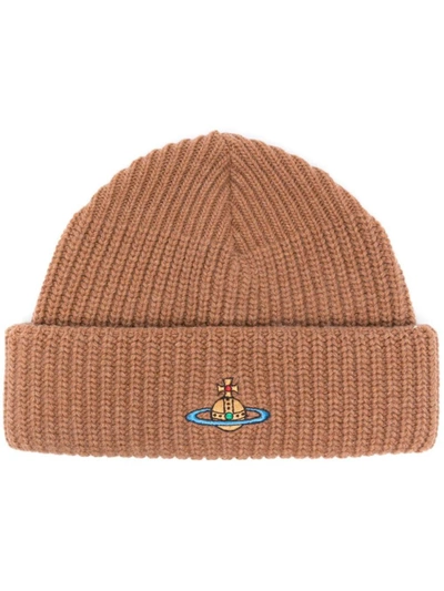 Vivienne Westwood Orb-embroidered Wool Beanie In Brown