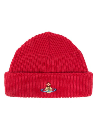 Vivienne Westwood Orb-embroidered Wool Beanie In Red