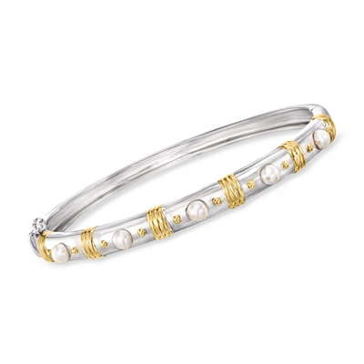 Ross-simons 3.5-4mm Cultured Pearl Bangle Bracelet In 2-tone Sterling Silver In Metallic