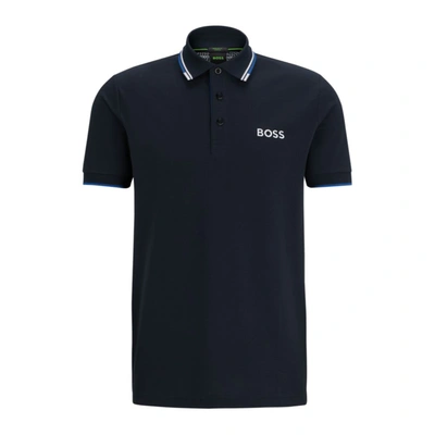 Hugo Boss Polo Shirt With Contrast Logos In Dark Blue