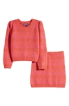 Freshman Kids' Heart Stripe Sweater & Skirt Set In Light Red