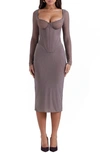 Shop House Of Cb Safran Long Sleeve Midi Dress In Mocha