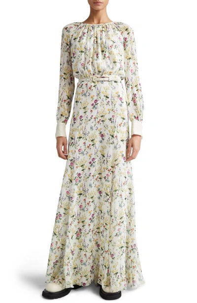 Max Mara Ori Floral-print Organza Dress With Leather Belt In Bianco_avorio