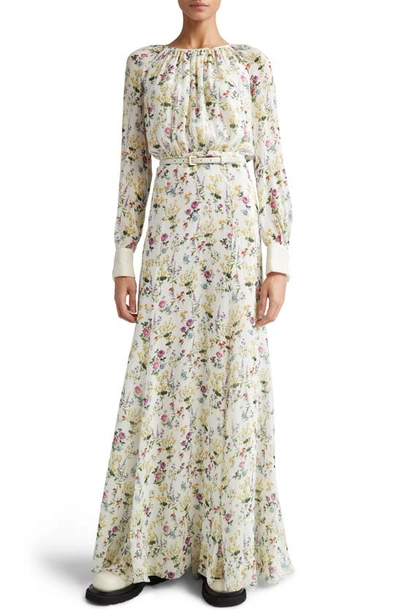Max Mara Ori Floral-print Organza Dress With Leather Belt In Neutrals