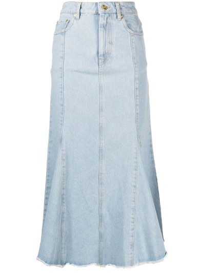 Ganni Bleach Denim Peplum Midi Skirt In Blue