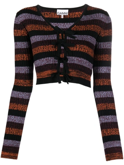 Ganni Striped Rib Knit Wool Crop Cardigan In Assorted