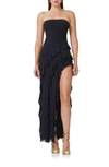 Afrm Siobhan Strapless High Slit Ruffle Gown In Noir