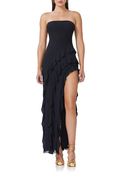 Afrm Siobhan Strapless High Slit Ruffle Gown In Noir
