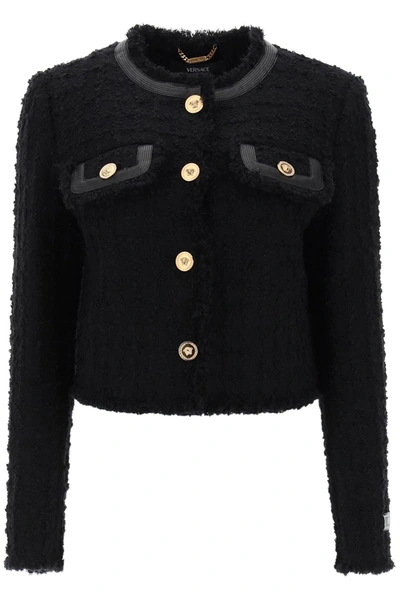 Versace Cropped Jacket In Boucle Tweed In Black