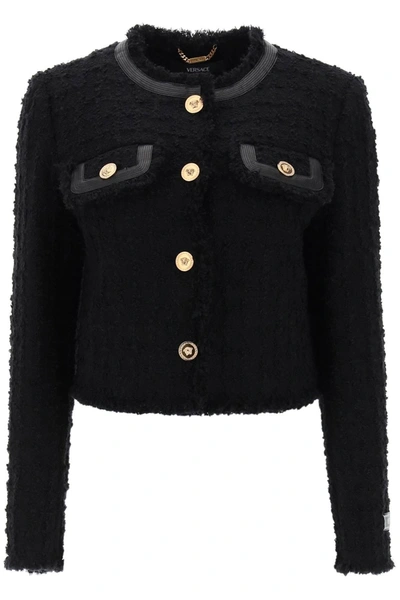 Versace Cropped Jacket In Boucle Tweed In Black  