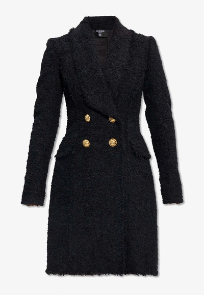 Balmain Double-breasted Tweed Coat In Black