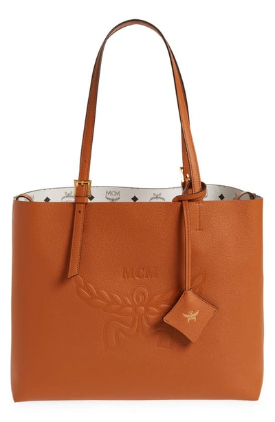 Mcm Medium Lauretos Reversible Leather Shopper Bag In Cognac