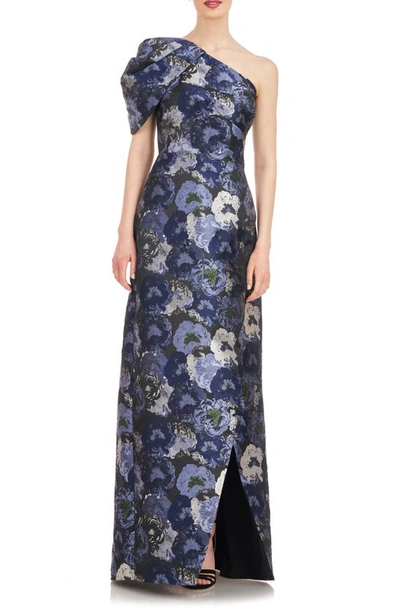 KAY UNGER BRIANA ASYMMETRIC FLORAL JACQUARD GOWN