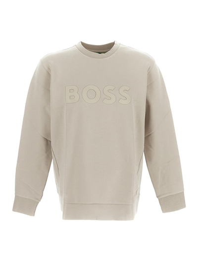 Hugo Boss Stretch-cotton Sweatshirt With Sandwich Logo In Light Beige