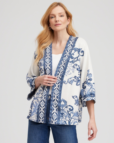 Chico's Jacquard Knit Short Kimono Top In Azores Blue Size Xxs/xs |