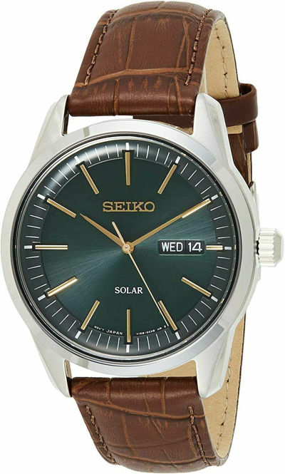 Pre-owned Seiko Sne529 Dark Green Sunray Dial Solar Powered Leather Strap Men's Watch