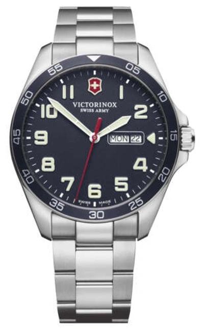 Pre-owned Victorinox Swiss Army Fieldforce Steel Blue Dial Day/date Mens Watch 241851