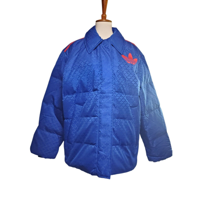 Pre-owned Adidas Originals Woman's Adidas Monogram Collared Puffer Jacker Navy And Red Size Small Ib202