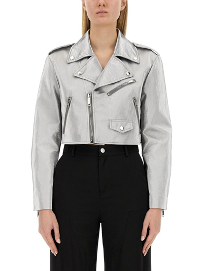 Moschino Jeans Zipped Cropped Biker Jacket In Silver