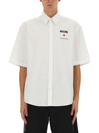 Moschino Slogan Embroidered Box Pleated Shirt In White