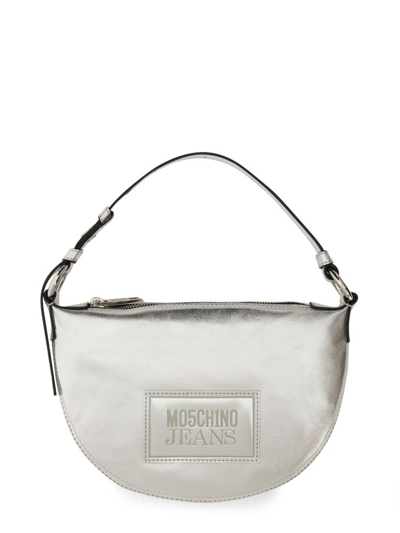 Moschino Jeans Logo Patch Metallic Effect Shoulder Bag In Silver