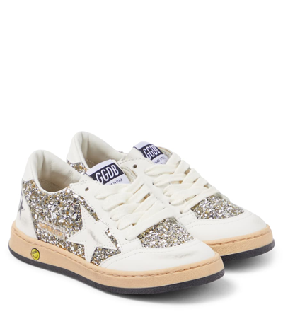 Golden Goose Kids' Ball Star Leather And Glitter Sneakers In Optic White/ Platinum