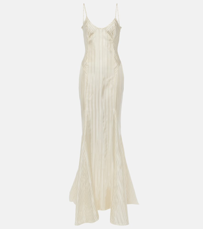 Attico Striped Satin Long Dress In Milk