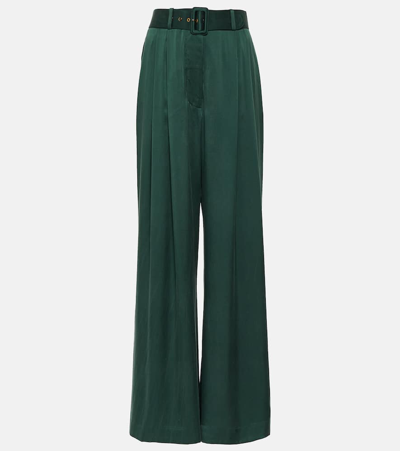Zimmermann Tuck Silk Satin Wide-leg Trousers In Green