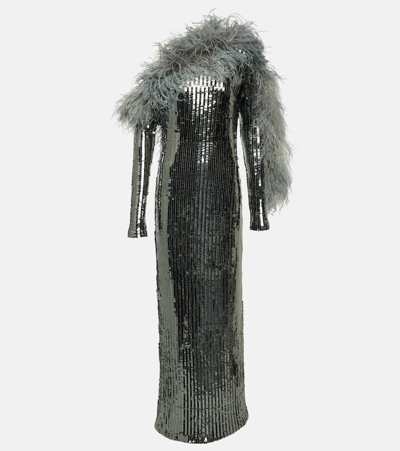 Taller Marmo Garbo Disco Feather-trimmed Sequined Gown In Silver
