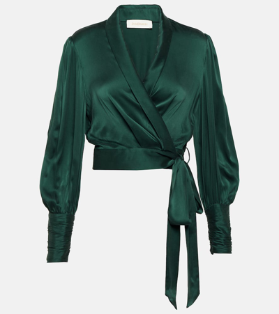 Zimmermann Wrap Silk Satin Crop Top In Green