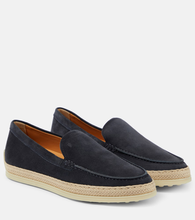 Tod's Raffia-trimmed Suede Loafers In Blue