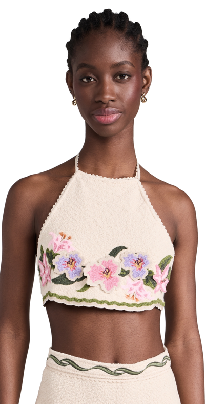 Agua By Agua Bendita Carlota Pacifico Embroidered Cotton-terry Cropped Halter Top In Neutral