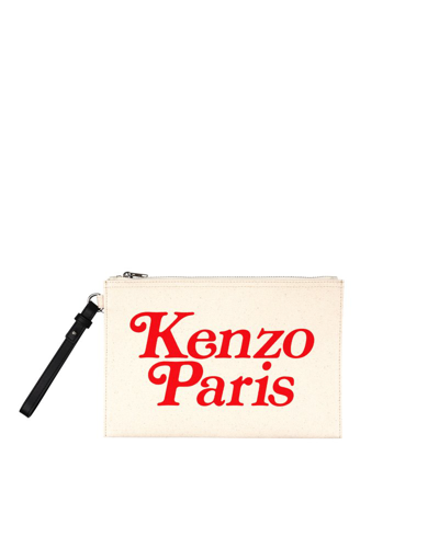 Kenzo Logo Printed Zipped Pouch In Beige